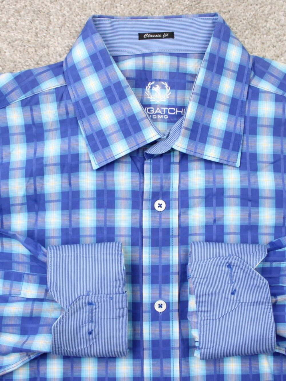 Bugatchi Uomo Shirt Mens XL Blue Check Classic Fit 100% Cotton Long Sleeve